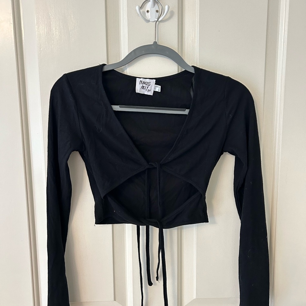 Princess Polly Black Ribbed Double Tie-Front Long Sleeve Crop Top